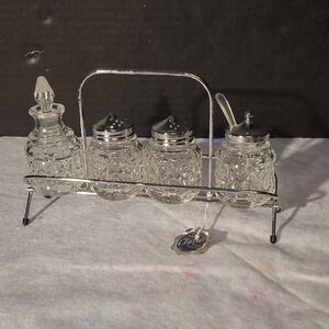 Vintage, 4-Piece Glass Condiment Set In a Metal Holder